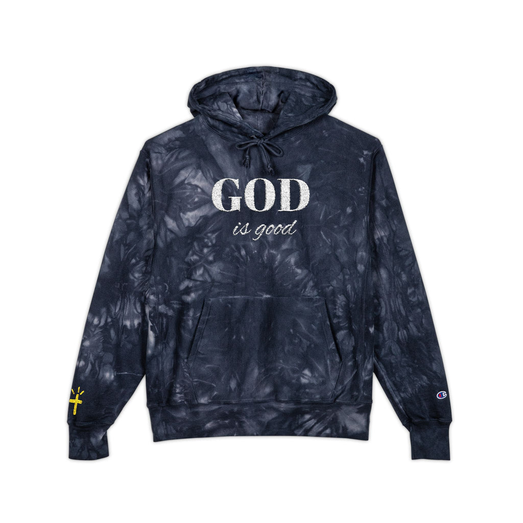 God Is good Embroidered Navy Tie-Dye Hoodie