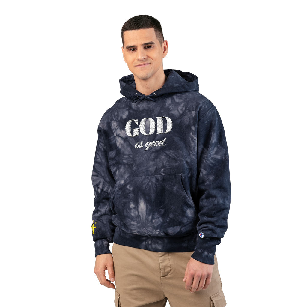 God Is good Embroidered Navy Tie-Dye Hoodie