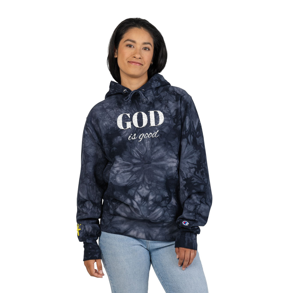 God Is good Embroidered Navy Tie-Dye Hoodie