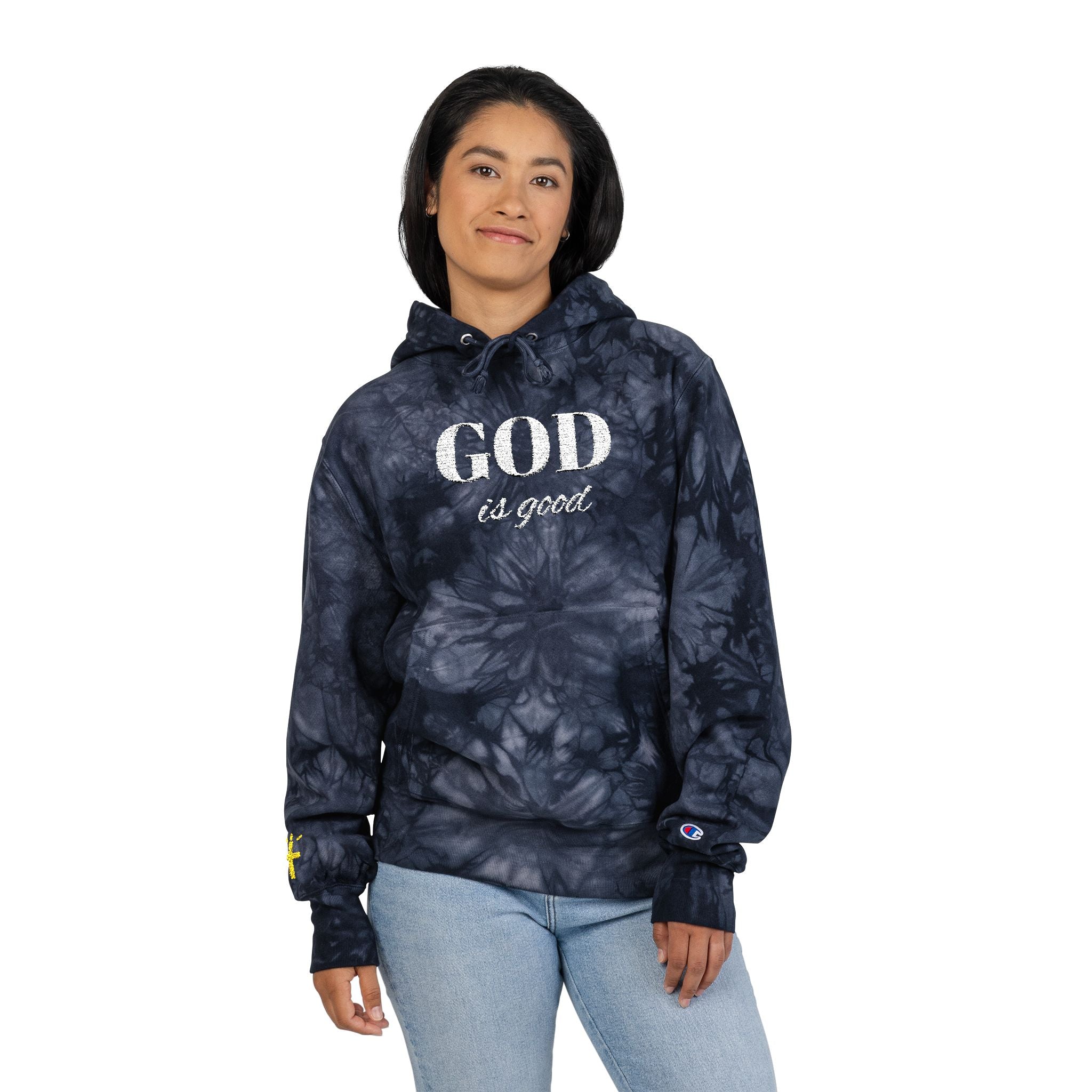 God Is good Embroidered Navy Tie-Dye Hoodie